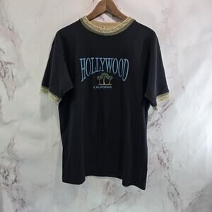 Vintage Hollywood T Shirt Mens XL 90s Knit Collar Embroidered Palm Textured